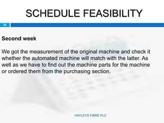 SCHEDULE FEASIBILITY
36
Second week
We got the measurement of the original machine and check it
whether the automated machine will match with the latter. As
well as we have to find out the machine parts for the machine
or ordered them from the purchasing section.
HAYLEYS FIBRE PLC
 