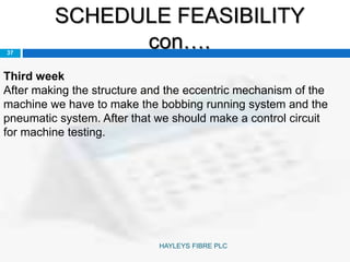 SCHEDULE FEASIBILITY
con….37
Third week
After making the structure and the eccentric mechanism of the
machine we have to make the bobbing running system and the
pneumatic system. After that we should make a control circuit
for machine testing.
HAYLEYS FIBRE PLC
 