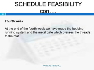 SCHEDULE FEASIBILITY
con….38
Fourth week
At the end of the fourth week we have made the bobbing
running system and the metal gate which presses the threads
to the mat
HAYLEYS FIBRE PLC
 
