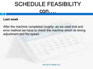 SCHEDULE FEASIBILITY
con….39
Last week
After the machine completed roughly ;as we used trial and
error method we have to check the machine which its timing
adjustment and the speed.
HAYLEYS FIBRE PLC
 