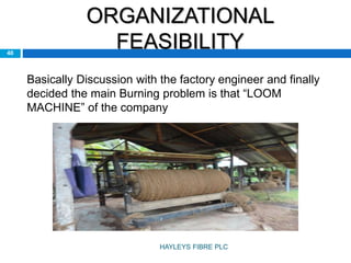 ORGANIZATIONAL
FEASIBILITY40
Basically Discussion with the factory engineer and finally
decided the main Burning problem is that “LOOM
MACHINE” of the company
HAYLEYS FIBRE PLC
 