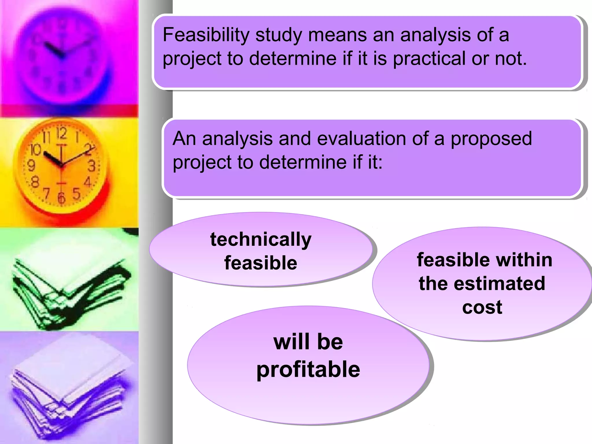 Feasibility study means an analysis of a
project to determine if it is practical or not.
Feasibility study means an analysis of a
project to determine if it is practical or not.
An analysis and evaluation of a proposed
project to determine if it:
An analysis and evaluation of a proposed
project to determine if it:
technically
feasible
technically
feasible feasible within
the estimated
cost
feasible within
the estimated
cost
will be
profitable
will be
profitable
 