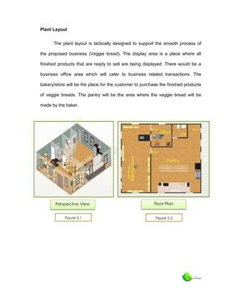 Plant Layout
The plant layout is tactically designed to support the smooth process of
the proposed business (Veggie bread). The display area is a place where all
finished products that are ready to sell are being displayed. There would be a
business office area which will cater to business related transactions. The
bakery/store will be the place for the customer to purchase the finished products
of veggie breads. The pantry will be the area where the veggie bread will be
made by the baker.

Perspective View

Floor Plan

Figure 5.1

Figure 5.2

 