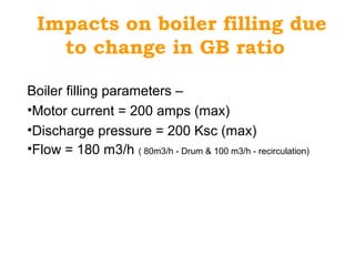Impacts on boiler filling due
to change in GB ratio
Boiler filling parameters –
•Motor current = 200 amps (max)
•Discharge pressure = 200 Ksc (max)
•Flow = 180 m3/h ( 80m3/h - Drum & 100 m3/h - recirculation)
 