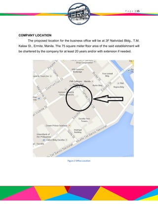 P a g e | 15
COMPANY LOCATION
The proposed location for the business office will be at 3F Natividad Bldg., T.M.
Kalaw St., Ermita, Manila. The 75 square meter floor area of the said establishment will
be chartered by the company for at least 20 years and/or with extension if needed.
Figure 2 Office Location
 