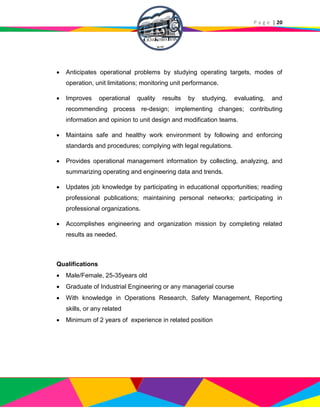 P a g e | 20
 Anticipates operational problems by studying operating targets, modes of
operation, unit limitations; monitoring unit performance.
 Improves operational quality results by studying, evaluating, and
recommending process re-design; implementing changes; contributing
information and opinion to unit design and modification teams.
 Maintains safe and healthy work environment by following and enforcing
standards and procedures; complying with legal regulations.
 Provides operational management information by collecting, analyzing, and
summarizing operating and engineering data and trends.
 Updates job knowledge by participating in educational opportunities; reading
professional publications; maintaining personal networks; participating in
professional organizations.
 Accomplishes engineering and organization mission by completing related
results as needed.
Qualifications
 Male/Female, 25-35years old
 Graduate of Industrial Engineering or any managerial course
 With knowledge in Operations Research, Safety Management, Reporting
skills, or any related
 Minimum of 2 years of experience in related position
 