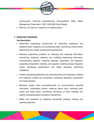 P a g e | 23
Improvement, Technical Understanding, Documentation Skills, Safety
Management, Supervision, CAD, CAD/CAM Circuit Design
 Minimum of 2 years of experience in related position
 ASSISTANT ENGINEER
Job Description
 Determines engineering requirements by conducting inspections and
analytical tests; analyzing and synthesizing data; maintaining control charts;
determining root causes; preparing bid specifications.
 Resolves engineering problems by collecting and analyzing information;
researching, analyzing, adapting, and modifying engineering techniques;
recommending solutions; preparing drawings, schematics, and diagrams;
evaluating components, materials, and suppliers; resolving design integration
issues; developing specifications and safety standards; performing
installations.
 Verifies engineering applications by conducting tests and inspections; building
and analyzing models and simulations; conducting laboratory experiments
and measurements.
 Maintains project team accomplishments by communicating essential
information; coordinating actions; obtaining expert input; reviewing open
issues and action items; contributing information to team meetings and
reports; escalating project completion impediments.
 Meets cost standards by preparing cost-benefit analyses; tracking and
reporting expenses.
 
