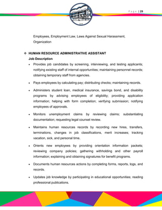 P a g e | 29
Employees, Employment Law, Laws Against Sexual Harassment,
Organization
 HUMAN RESOURCE ADMINISTRATIVE ASSISTANT
Job Description
 Provides job candidates by screening, interviewing, and testing applicants;
notifying existing staff of internal opportunities; maintaining personnel records;
obtaining temporary staff from agencies.
 Pays employees by calculating pay; distributing checks; maintaining records.
 Administers student loan, medical insurance, savings bond, and disability
programs by advising employees of eligibility; providing application
information; helping with form completion; verifying submission; notifying
employees of approvals.
 Monitors unemployment claims by reviewing claims; substantiating
documentation; requesting legal counsel review.
 Maintains human resources records by recording new hires, transfers,
terminations, changes in job classifications, merit increases; tracking
vacation, sick, and personal time.
 Orients new employees by providing orientation information packets;
reviewing company policies; gathering withholding and other payroll
information; explaining and obtaining signatures for benefit programs.
 Documents human resources actions by completing forms, reports, logs, and
records.
 Updates job knowledge by participating in educational opportunities; reading
professional publications.
 
