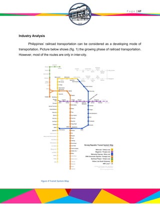 P a g e | 67
Industry Analysis
Philippines’ railroad transportation can be considered as a developing mode of
transportation. Picture below shows (fig. 1) the growing phase of railroad transportation.
However, most of the routes are only in inter-city.
Figure 4 Transit System Map
 