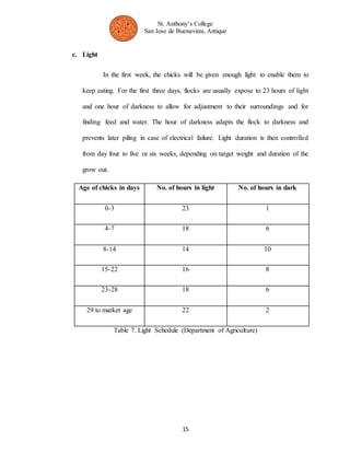 St. Anthony’s College 
San Jose de Buenavista, Antique 
Age of chicks in days No. of hours in light No. of hours in dark 
0-3 23 1 
4-7 18 6 
8-14 14 10 
15-22 16 8 
23-28 18 6 
29 to market age 22 2 
15 
c. Light 
In the first week, the chicks will be given enough light to enable them to 
keep eating. For the first three days, flocks are usually expose to 23 hours of light 
and one hour of darkness to allow for adjustment to their surroundings and for 
finding feed and water. The hour of darkness adapts the flock to darkness and 
prevents later piling in case of electrical failure. Light duration is then controlled 
from day four to five or six weeks, depending on target weight and duration of the 
grow out. 
Table 7. Light Schedule (Department of Agriculture) 
 