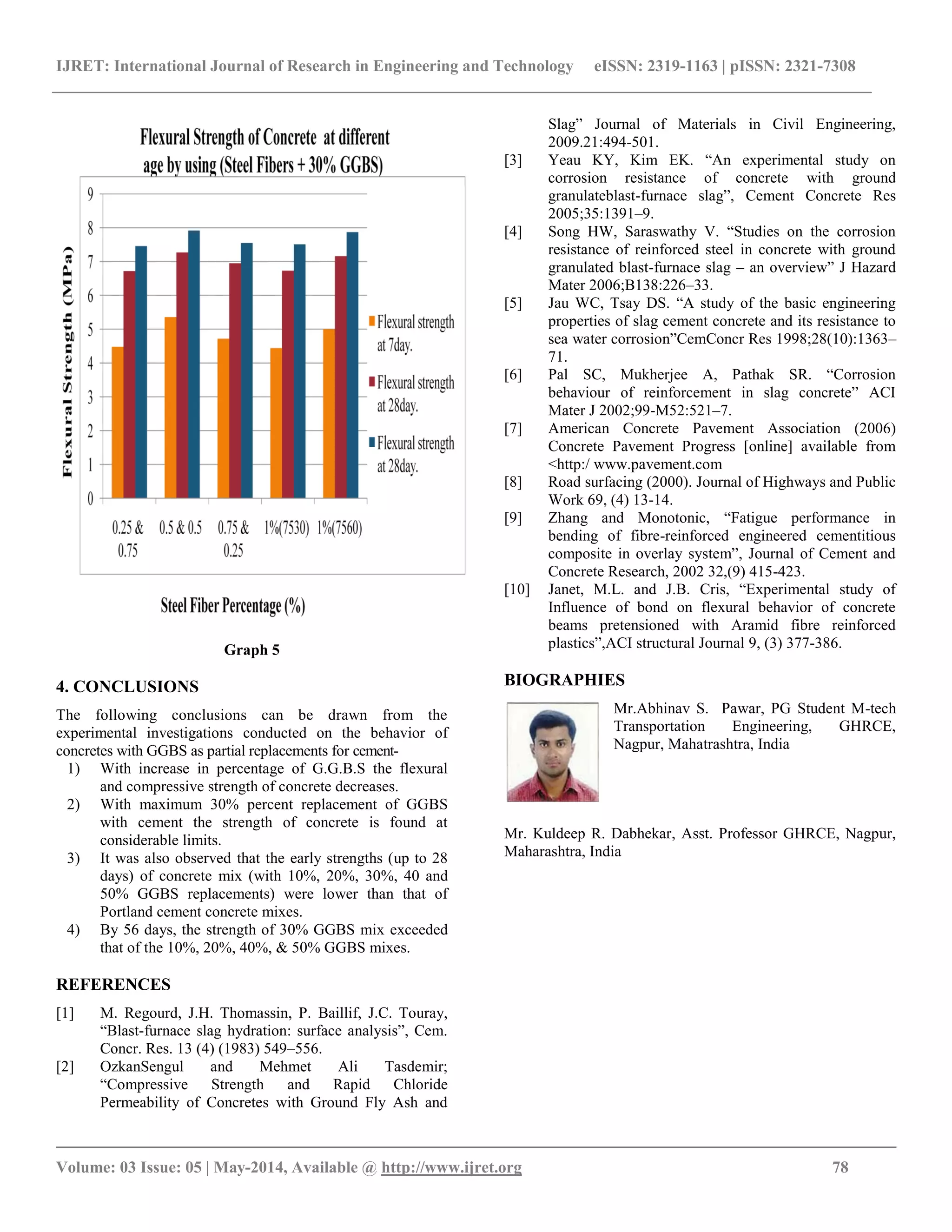 IJRET: International Journal of Research in Engineering and Technology eISSN: 2319-1163 | pISSN: 2321-7308
__________________________________________________________________________________________
Volume: 03 Issue: 05 | May-2014, Available @ http://www.ijret.org 78
Graph 5
4. CONCLUSIONS
The following conclusions can be drawn from the
experimental investigations conducted on the behavior of
concretes with GGBS as partial replacements for cement-
1) With increase in percentage of G.G.B.S the flexural
and compressive strength of concrete decreases.
2) With maximum 30% percent replacement of GGBS
with cement the strength of concrete is found at
considerable limits.
3) It was also observed that the early strengths (up to 28
days) of concrete mix (with 10%, 20%, 30%, 40 and
50% GGBS replacements) were lower than that of
Portland cement concrete mixes.
4) By 56 days, the strength of 30% GGBS mix exceeded
that of the 10%, 20%, 40%, & 50% GGBS mixes.
REFERENCES
[1] M. Regourd, J.H. Thomassin, P. Baillif, J.C. Touray,
“Blast-furnace slag hydration: surface analysis”, Cem.
Concr. Res. 13 (4) (1983) 549–556.
[2] OzkanSengul and Mehmet Ali Tasdemir;
“Compressive Strength and Rapid Chloride
Permeability of Concretes with Ground Fly Ash and
Slag” Journal of Materials in Civil Engineering,
2009.21:494-501.
[3] Yeau KY, Kim EK. “An experimental study on
corrosion resistance of concrete with ground
granulateblast-furnace slag”, Cement Concrete Res
2005;35:1391–9.
[4] Song HW, Saraswathy V. “Studies on the corrosion
resistance of reinforced steel in concrete with ground
granulated blast-furnace slag – an overview” J Hazard
Mater 2006;B138:226–33.
[5] Jau WC, Tsay DS. “A study of the basic engineering
properties of slag cement concrete and its resistance to
sea water corrosion”CemConcr Res 1998;28(10):1363–
71.
[6] Pal SC, Mukherjee A, Pathak SR. “Corrosion
behaviour of reinforcement in slag concrete” ACI
Mater J 2002;99-M52:521–7.
[7] American Concrete Pavement Association (2006)
Concrete Pavement Progress [online] available from
<http:/ www.pavement.com
[8] Road surfacing (2000). Journal of Highways and Public
Work 69, (4) 13-14.
[9] Zhang and Monotonic, “Fatigue performance in
bending of fibre-reinforced engineered cementitious
composite in overlay system”, Journal of Cement and
Concrete Research, 2002 32,(9) 415-423.
[10] Janet, M.L. and J.B. Cris, “Experimental study of
Influence of bond on flexural behavior of concrete
beams pretensioned with Aramid fibre reinforced
plastics”,ACI structural Journal 9, (3) 377-386.
BIOGRAPHIES
Mr.Abhinav S. Pawar, PG Student M-tech
Transportation Engineering, GHRCE,
Nagpur, Mahatrashtra, India
Mr. Kuldeep R. Dabhekar, Asst. Professor GHRCE, Nagpur,
Maharashtra, India
 