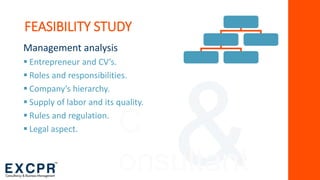 C
onsultant
FEASIBILITY STUDY
Management analysis
 Entrepreneur and CV’s.
 Roles and responsibilities.
 Company’s hierarchy.
 Supply of labor and its quality.
 Rules and regulation.
 Legal aspect.
 