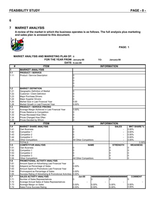 FEASIBILITY STUDY PAGE - 8 -
6
7 MARKET ANALYSIS
A review of the market in which the business operates is as follows. The full analysis plus marketing
and sales plan is annexed to this document.
PAGE: 1
FOR THE YEAR FROM: January-00 TO: January-00
0-Jan-00
# ITEM
1 MARKET ANALYSIS
1.1 PRODUCT / SERVICE
1.11 Product / Service Description
1.2 MARKET DEFINITION
1.21 Geographic Definition of Market
1.22 Customer / Client Definition
1.23 Major Purchase Drivers
1.24 Major Supplier Drivers
1.25 Market Size in Last Financial Year
1.26 Market Growth in Last Financial Year
1.3 PRODUCT / SERVICE PRICING
1.31 Average Margin Achieved in Last Financial Year
1.32 Prices Relative to Competition
1.33 Prices Reviewed How Often
1.34 Prices Changed How Often
1.35 Prices Decided by Whom
MARKET ANALYSIS AND MARKETING PLAN OF:
DATE:
INFORMATION
0
0
0
0
0
0.00%
0
0
0
0
0
0
0.00%
0
0
0
0.00
# ITEM
1.4 MARKET SHARE ANALYSIS SALES MKT SHARE %
1.41 Own Business - 0.00%
1.42 Competitor 1 - 0.00%
1.43 Competitor 2 - 0.00%
1.44 Competitor 3 - 0.00%
1.45 Other Competitors - 0.00%
TOTALS - 0.00%
1.5 COMPETITOR ANALYSIS STRENGTH WEAKNESS
1.51 Own Business 0 0
1.52 Competitor 1 0 0
1.53 Competitor 2 0 0
1.54 Competitor 3 0 0
1.55 Other Competitors 0 0
1.6 PROMOTIONAL ACTIVITY ANALYSIS
1.61 Amount Spent on Advertising Last Financial Year
1.62 Adspend as Percentage of Sales
1.63 Amount Spent on Promotions Last Financial Year
1.64 Promospend as Percentage of Sales
1.65 Success Rating of Advertising & Promotional Activities
1.7 SALES ACTIVITY ANALYSIS Jan-00 ############### ############### COMMENT
1.71 Number of Sales Representatives 0 0 0 0
1.72 Average Annual Sales of Sales Representatives - - - -
1.73 Average Margin on Sales 0.00% 0.00% 0.00% 0.00%
1.74 Sales Force Success Rating 0.00% 0.00% 0.00% 0.00%
INFORMATION
NAME
All Other Competitors
0
0
0
0
NAME
0
0
0
0
All Other Competitors
0
0.00%
0
0.00%
0.00%
 