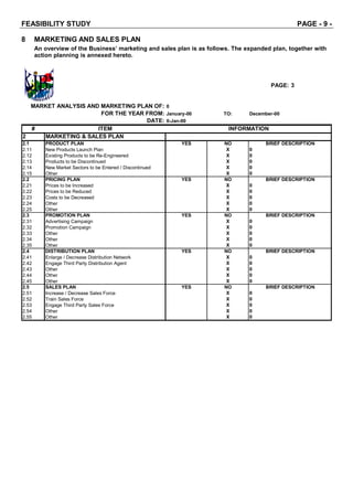 FEASIBILITY STUDY PAGE - 9 -
8 MARKETING AND SALES PLAN
An overview of the Business’ marketing and sales plan is as follows. The expanded plan, together with
action planning is annexed hereto.
PAGE: 3
FOR THE YEAR FROM: January-00 TO: December-00
0-Jan-00
# ITEM
2 MARKETING & SALES PLAN
2.1 PRODUCT PLAN YES NO
2.11 New Products Launch Plan X
2.12 Existing Products to be Re-Engineered X
2.13 Products to be Discontinued X
2.14 New Market Sectors to be Entered / Discontinued X
2.15 Other X
2.2 PRICING PLAN YES NO
2.21 Prices to be Increased X
2.22 Prices to be Reduced X
2.23 Costs to be Decreased X
2.24 Other X
2.25 Other X
2.3 PROMOTION PLAN YES NO
2.31 Advertising Campaign X
2.32 Promotion Campaign X
2.33 Other X
2.34 Other X
2.35 Other X
2.4 DISTRIBUTION PLAN YES NO
2.41 Enlarge / Decrease Distribution Network X
2.42 Engage Third Party Distribution Agent X
2.43 Other X
2.44 Other X
2.45 Other X
2.5 SALES PLAN YES NO
2.51 Increase / Decrease Sales Force X
2.52 Train Sales Force X
2.53 Engage Third Party Sales Force X
2.54 Other X
2.55 Other X
0
0
0
BRIEF DESCRIPTION
MARKET ANALYSIS AND MARKETING PLAN OF: 0
DATE:
0
0
0
0
BRIEF DESCRIPTION
0
0
0
0
0
0
0
0
0
INFORMATION
BRIEF DESCRIPTION
0
0
0
0
0
BRIEF DESCRIPTION
0
0
0
0
BRIEF DESCRIPTION
 