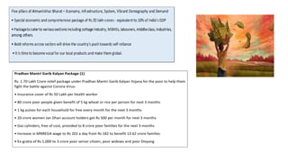 Pradhan Mantri Garib Kalyan Package (1)
Rs. 1.70 Lakh Crore relief package under Pradhan Mantri Garib Kalyan Yojana for the poor to help them
fight the battle against Corona Virus:
• Insurance cover of Rs 50 Lakh per health worker
• 80 crore poor people given benefit of 5 kg wheat or rice per person for next 3 months
• 1 kg pulses for each household for free every month for the next 3 months
• 20 crore women Jan Dhan account holders get Rs 500 per month for next 3 months
• Gas cylinders, free of cost, provided to 8 crore poor families for the next 3 months
• Increase in MNREGA wage to Rs 202 a day from Rs 182 to benefit 13.62 crore families
• Ex-gratia of Rs 1,000 to 3 crore poor senior citizen, poor widows and poor Divyang
 
