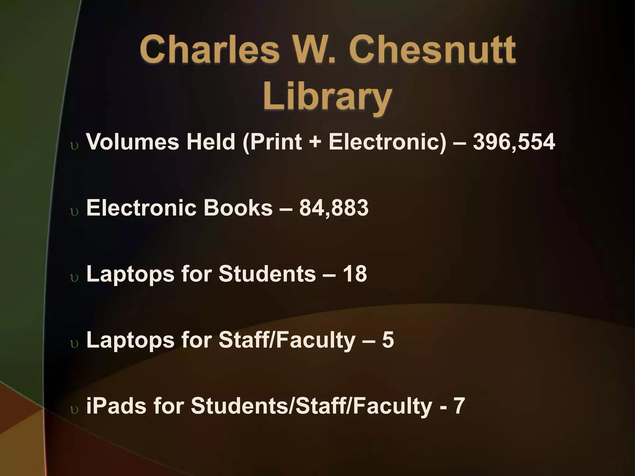  Volumes Held (Print + Electronic) – 396,554
 Electronic Books – 84,883
 Laptops for Students – 18
 Laptops for Staff/Faculty – 5
 iPads for Students/Staff/Faculty - 7
 