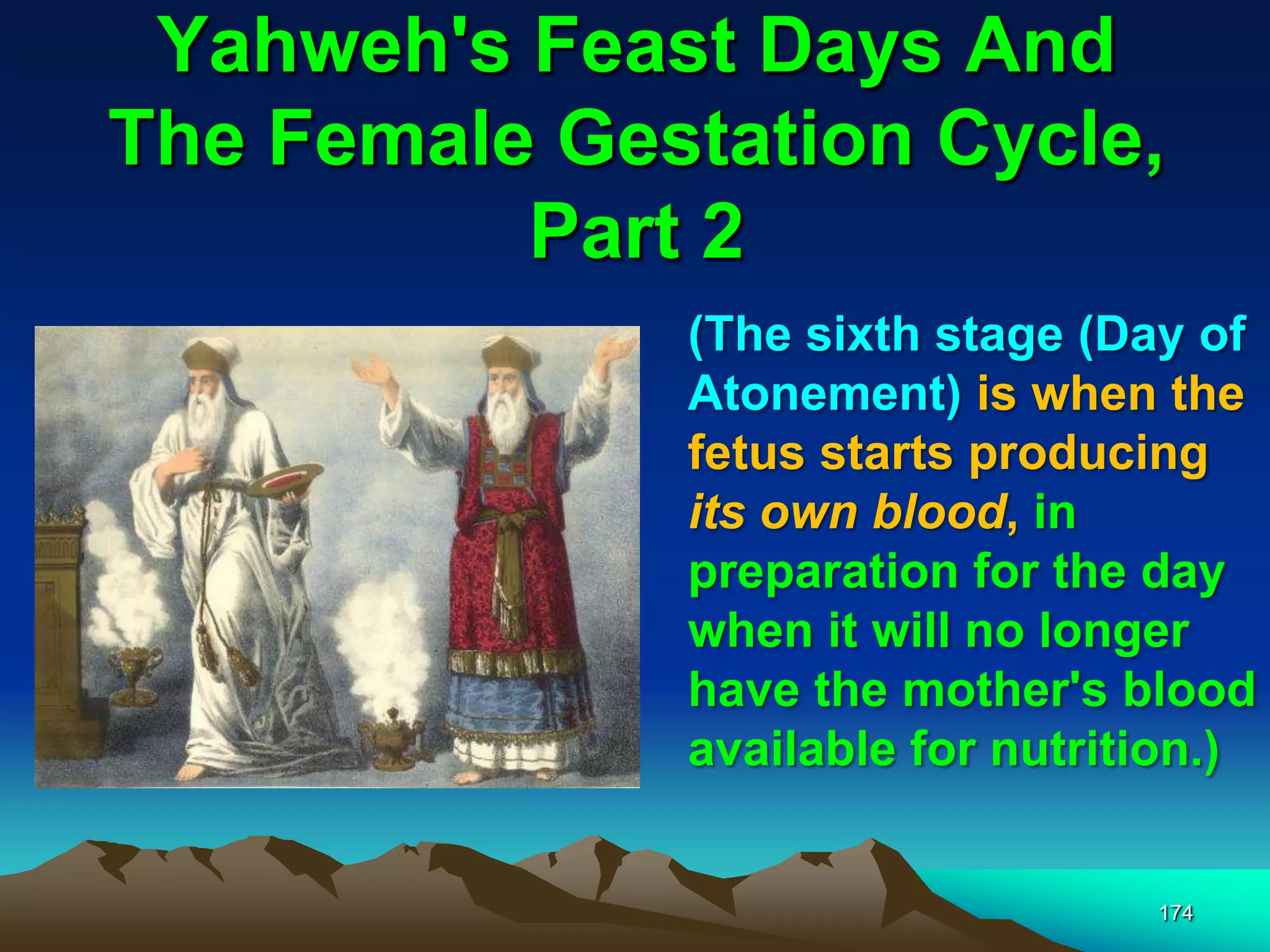 Yahweh's Feast Days And
The Female Gestation Cycle,
Part 2
174
(The sixth stage (Day of
Atonement) is when the
fetus starts producing
its own blood, in
preparation for the day
when it will no longer
have the mother's blood
available for nutrition.)
 
