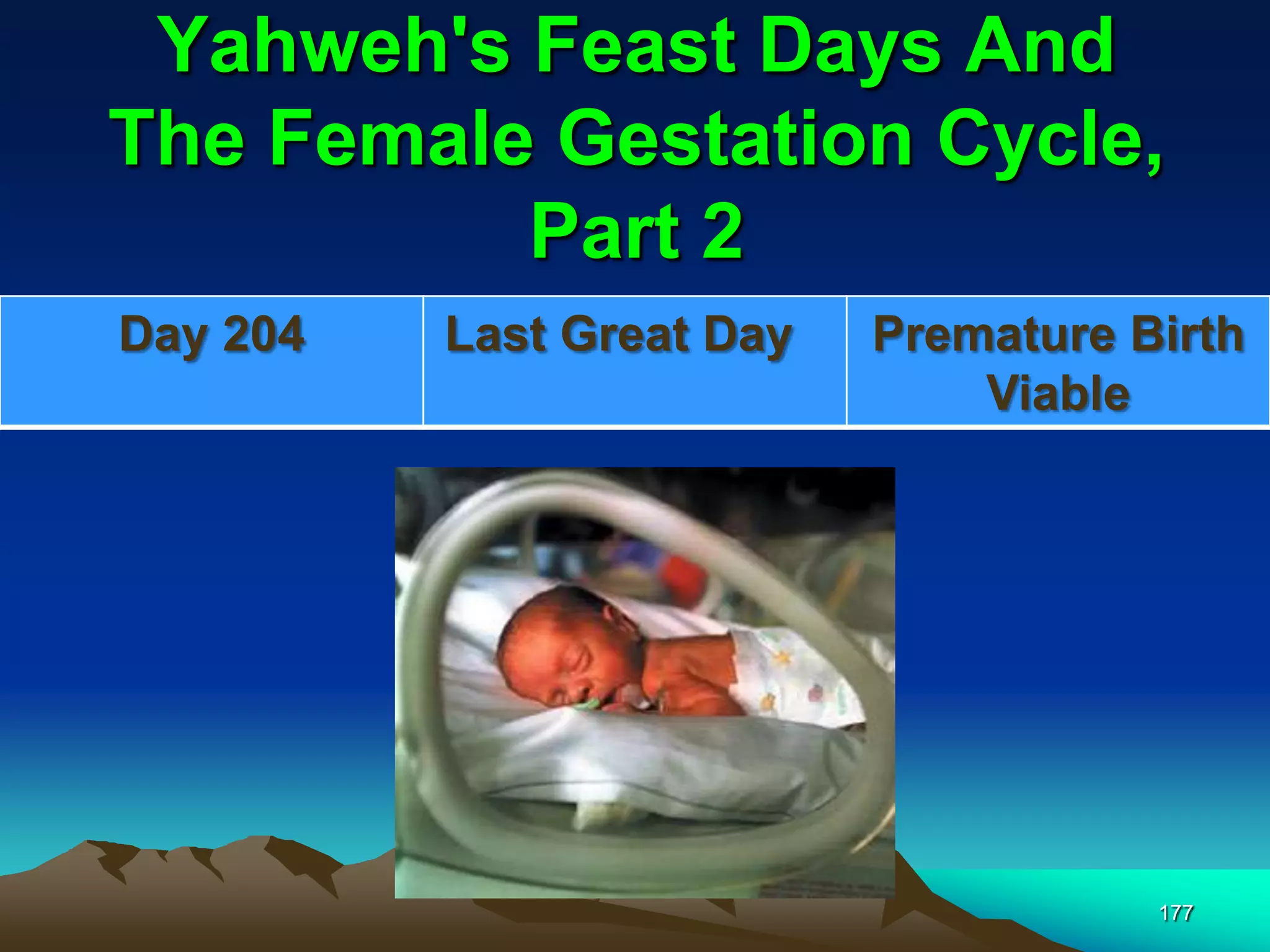 Yahweh's Feast Days And
The Female Gestation Cycle,
Part 2
177
Day 204 Last Great Day Premature Birth
Viable
 