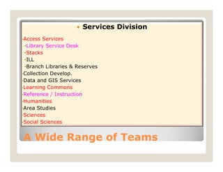    Services Division
•Access  Services
 •Library Service Desk
 •Stacks
 •ILL
 •Branch Libraries & Reserves
•Collection Develop.
•Data and GIS Services
•Learning Commons
•Reference / Instruction
•Humanities
•Area Studies
•Sciences
•Social Sciences



A Wide Range of Teams
 