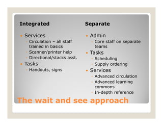 Integrated                       Separate

   Services                        Admin
    ◦ Circulation – all staff        ◦ Core staff on separate
      trained in basics                teams
    ◦ Scanner/printer help          Tasks
    ◦ Directional/stacks asst.       ◦ Scheduling
   Tasks                            ◦ Supply ordering
    ◦ Handouts, signs               Services
                                     ◦ Advanced circulation
                                     ◦ Advanced learning
                                       commons
                                     ◦ In-depth reference

The wait and see approach
 