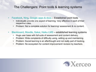 The Challengers: Point tools & learning systems Facebook ,  Ning ,  Google apps & docs  – Established point tools Individually provide one aspect of learning. Very effective in each of their respective roles. Problem: Not a complete solution for learning/ assessment & no content. Blackboard ,  Moodle ,  Sakai ,  Haiku LMS  – established learning systems Huge user base with full suite of assessment and content delivery.  Problem: Wide complaints of difficulty using, setting up and maintaining. Problem: Social learning is an afterthought and not really part of tracking. Problem: No ecosystem for content improvement/ revision by teachers.  