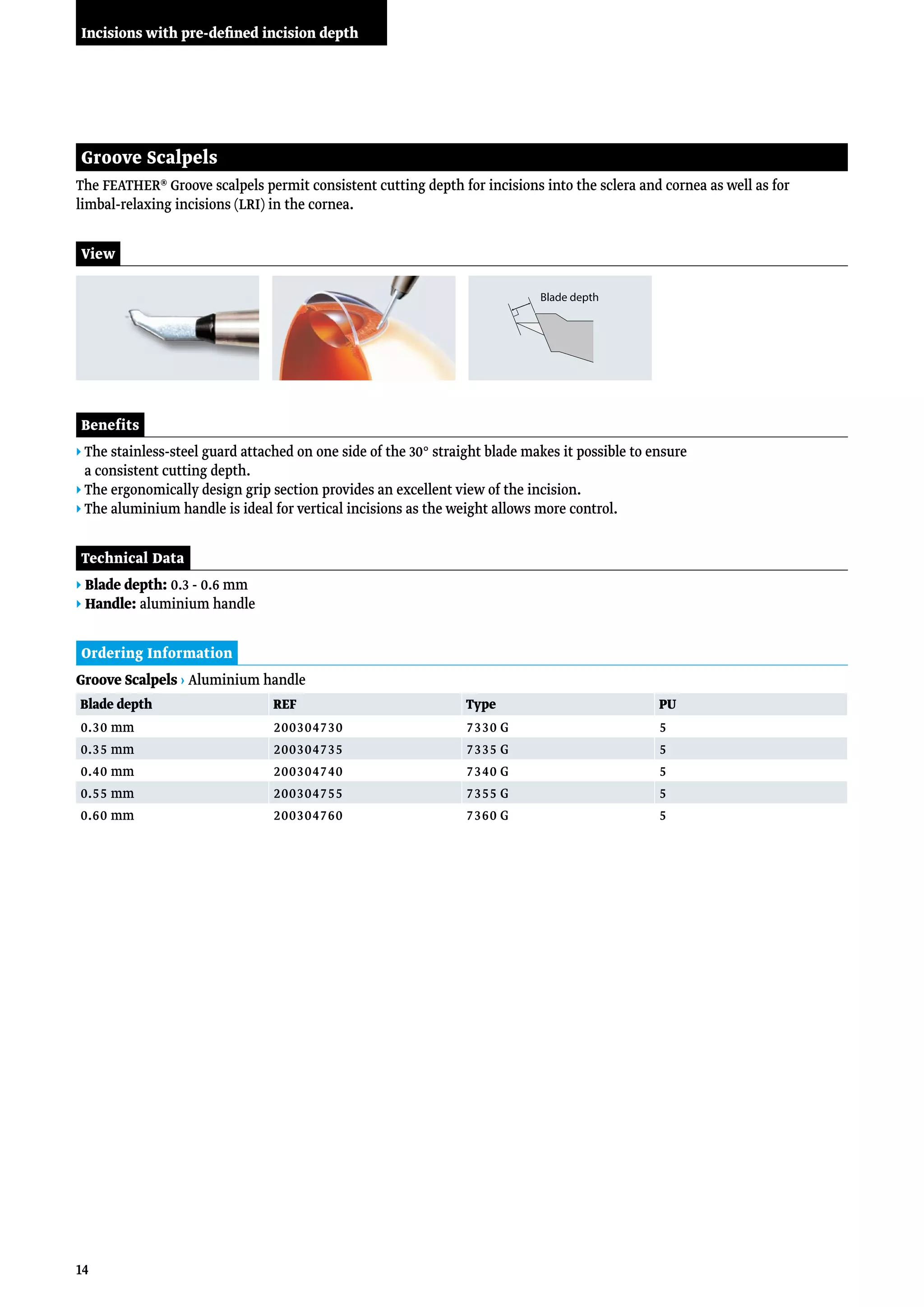 14
The FEATHER® Groove scalpels permit consistent cutting depth for incisions into the sclera and cornea as well as for
limbal-relaxing incisions (LRI) in the cornea.
Groove Scalpels
Benefits
▸ The stainless-steel guard attached on one side of the 30° straight blade makes it possible to ensure
a consistent cutting depth.
▸ The ergonomically design grip section provides an excellent view of the incision.
▸ The aluminium handle is ideal for vertical incisions as the weight allows more control.
Ordering Information
Technical Data
▸ Blade depth: 0.3 - 0.6 mm
▸ Handle: aluminium handle
Groove Scalpels › Aluminium handle
View
Blade depth REF Type PU
0.30 mm 200304730 7330 G 5
0.35 mm 200304735 7335 G 5
0.40 mm 200304740 7340 G 5
0.55 mm 200304755 7355 G 5
0.60 mm 200304760 7360 G 5
Incisions with pre-defined incision depth
 