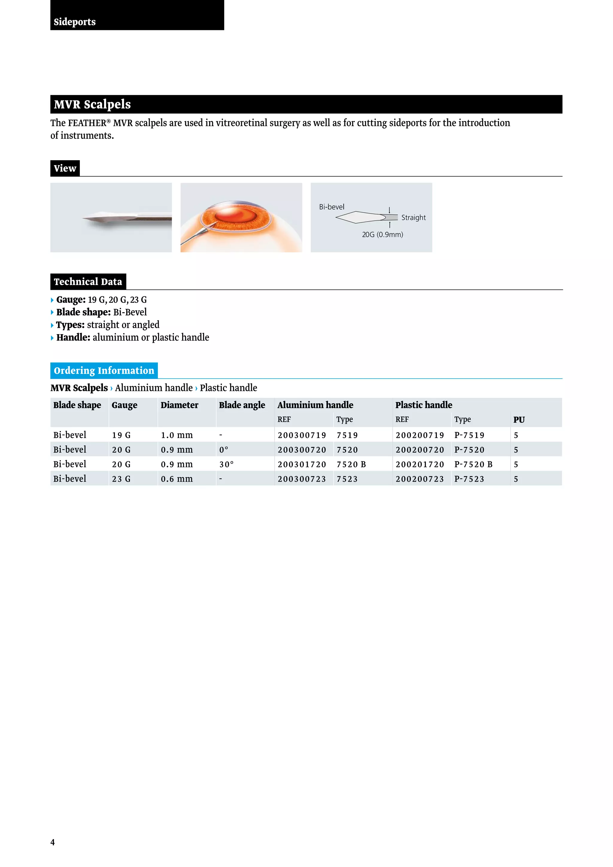 4
Sideports
Ordering Information
The FEATHER® MVR scalpels are used in vitreoretinal surgery as well as for cutting sideports for the introduction
of instruments.
MVR Scalpels
▸ Gauge: 19 G,20 G,23 G
▸ Blade shape: Bi-Bevel
▸ Types: straight or angled
▸ Handle: aluminium or plastic handle
MVR Scalpels › Aluminium handle › Plastic handle
View
Technical Data
Blade shape Gauge Diameter Blade angle Aluminium handle Plastic handle
REF Type REF Type PU
Bi-bevel 19 G 1.0 mm - 200300719 7519 200200719 P-7519 5
Bi-bevel 20 G 0.9 mm 0° 200300720 7520 200200720 P-7520 5
Bi-bevel 20 G 0.9 mm 30° 200301720 7520 B 200201720 P-7520 B 5
Bi-bevel 23 G 0.6 mm - 200300723 7523 200200723 P-7523 5
 