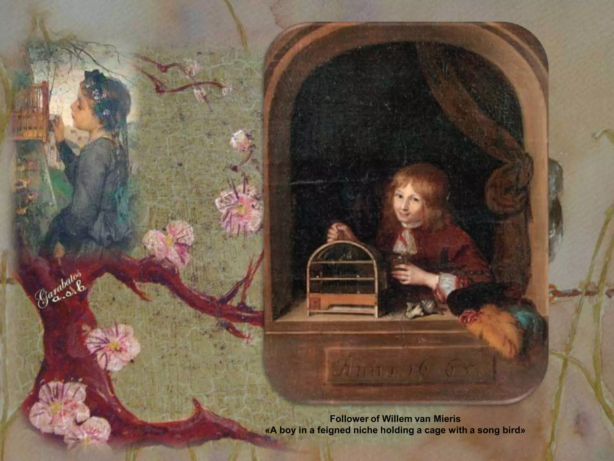 Follower of Willem van Mieris
«A boy in a feigned niche holding a cage with a song bird»
 