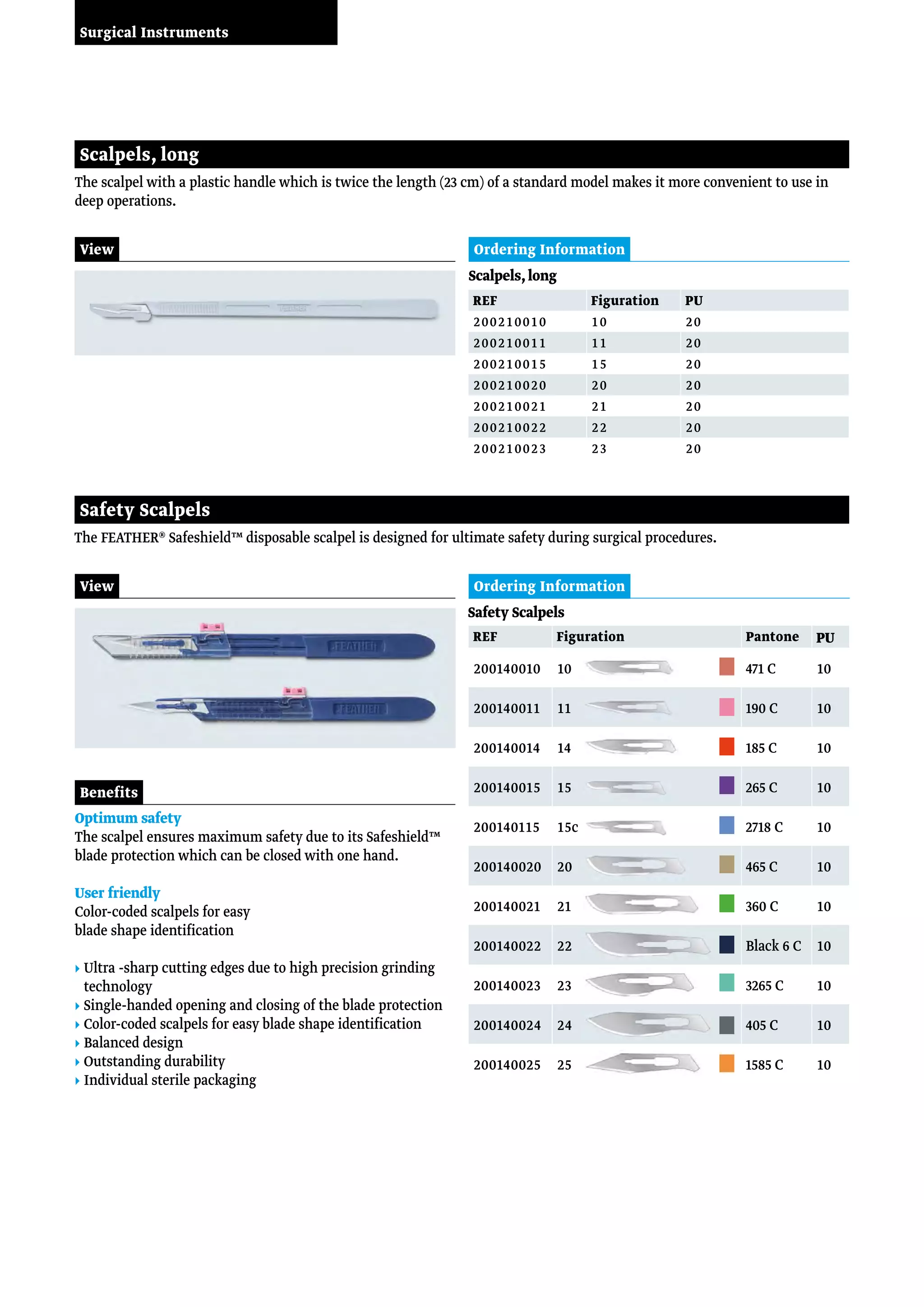 Surgical Instruments
View Ordering Information
Scalpels,long
REF Figuration PU
200210010 10 20
200210011 11 20
200210015 15 20
200210020 20 20
200210021 21 20
200210022 22 20
200210023 23 20
Scalpels, long
The scalpel with a plastic handle which is twice the length (23 cm) of a standard model makes it more convenient to use in
deep operations.
View
Optimum safety
The scalpel ensures maximum safety due to its Safeshield™
blade protection which can be closed with one hand.
User friendly
Color-coded scalpels for easy
blade shape identification
Benefits
Ordering Information
Safety Scalpels
Safety Scalpels
The FEATHER® Safeshield™ disposable scalpel is designed for ultimate safety during surgical procedures.
▸ Ultra -sharp cutting edges due to high precision grinding
technology
▸ Single-handed opening and closing of the blade protection
▸ Color-coded scalpels for easy blade shape identification
▸ Balanced design
▸ Outstanding durability
▸ Individual sterile packaging
REF Figuration Pantone PU
200140010 10 471 C 10
200140011 11 190 C 10
200140014 14 185 C 10
200140015 15 265 C 10
200140115 15c 2718 C 10
200140020 20 465 C 10
200140021 21 360 C 10
200140022 22 Black 6 C 10
200140023 23 3265 C 10
200140024 24 405 C 10
200140025 25 1585 C 10
 