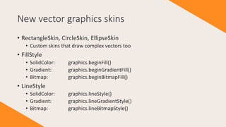 New vector graphics skins
• RectangleSkin, CircleSkin, EllipseSkin
• Custom skins that draw complex vectors too
• FillStyle
• SolidColor: graphics.beginFill()
• Gradient: graphics.beginGradientFill()
• Bitmap: graphics.beginBitmapFill()
• LineStyle
• SolidColor: graphics.lineStyle()
• Gradient: graphics.lineGradientStyle()
• Bitmap: graphics.lineBitmapStyle()
 
