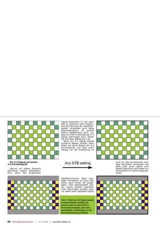 Signal tatsächlich 4:3 ist, dann
                                                         gibt es natürlich kein Problem,
                                                         und die Mehrzahl der Satelliten-
                                                         sender verwendet auch diese
                                                         Übertragungsart. Es kommt
                                                         jedoch gelegentlich auch vor,
                                                         dass ein Film in Breitbild als 4:3
                                                         Signal übertragen wird. Sehen
                                                         Sie sich dazu Abbildung 3 an.
                                                           Wenn ein 4:3 Signal bereits
                                                         schwarze Balken enthält, dann
                                                         sehen wir diese Balken am 4:3
                                                         Fernsehgerät, und zwar unab-
                                                         hängig von der Einstellung im




  Ein 4:3 Signal auf einem                                                                     auch für das terrestrische ana-
4:3 Fernsehgerät                                                                               loge Fernsehen verwendet und
                                                                                               dann über einen Uplink zum
  Warum wir dieses Szenario                                                                    Satellit geschickt wird haben wir
überhaupt eigens behandeln?                                                                    Verständnis für diese Vorgangs-
Nun, wenn das eingehende                                                                       weise.

                                                         Satellitenreceiver. Beim ana-
                                                         logen Fernsehen ist Ihnen das
                                                         sicher auch früher oft aufge-
                                                         fallen. Über Digitalsatellit soll-
                                                         ten solche Signale eigentlich
                                                         nicht übertragen werden, aber
                                                         vor allem wenn dasselbe Signal



                                                         Abb. 3: Wenn ein 4:3 Signal bereits
                                                         schwarze Balken enthält (z.B.
                                                         wenn es sich um einen Film in
                                                         Kinoformat handelt), dann sind
                                                         diese Balken unabhängig von der
                                                         Receivereinstellung sichtbar.



20 TELE-satellite & Broadband — 12-01/2008 — www.TELE-satellite.com
 