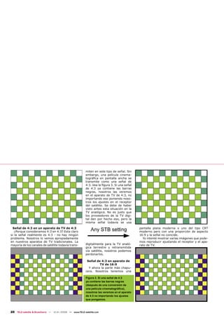 miten en este tipo de señal. Sin
                                                         embargo, una película cinema-
                                                         tográﬁca en pantalla ancha se
                                                         transmite como una señal de
                                                         4:3. Vea la ﬁgura 3. Si una señal
                                                         de 4:3 ya contiene las barras
                                                         negras, nosotros las veremos
                                                         en el aparato de TV de 4:3, no
                                                         importando eso poniendo noso-
                                                         tros los ajustes en el receptor
                                                         del satélite. Se debe de haber
                                                         visto antes esta situación en la
                                                         TV analógica. No es justo que
                                                         los proveedores de la TV digi-
                                                         tal den por hecho eso, pero la
                                                         misma señal todavía se usa

  Señal de 4:3 en un aparato de TV de 4:3                                                     pantalla plana moderna o uno del tipo CRT
   ¿Porque consideramos 4:3 en 4:3? Esta claro                                                moderno pero con una proporción de aspecto
si la señal realmente es 4:3 - no hay ningún                                                  16:9 y la señal no coincide.
problema. Nosotros lo vemos apropiadamente                                                      Yo intenté mostrar varias imágenes que pode-
en nuestros aparatos de TV tradicionales. La                                                  mos reproducir ajustando el receptor y el apa-
mayoría de los canales de satélite todavía trans-        digitalmente para la TV analó-       rato de TV.
                                                         gica terrestre y retransmitida
                                                         vía satélite, nosotros podemos
                                                         perdonarlos.

                                                          Señal de 4:3 en aparato de
                                                                  TV de 16:9
                                                           Y ahora la parte más chapu-
                                                         cera. Nosotros tenemos una

                                                         Figura 3. Si una señal de 4:3
                                                         ya contiene las barras negras
                                                         (después de una conversión de
                                                         una película cinematográﬁca),
                                                         nosotros las veremos en el aparato
                                                         de 4:3 no importando los ajustes
                                                         que pongamos.



20 TELE-satellite & Broadband — 12-01/2008 — www.TELE-satellite.com
 