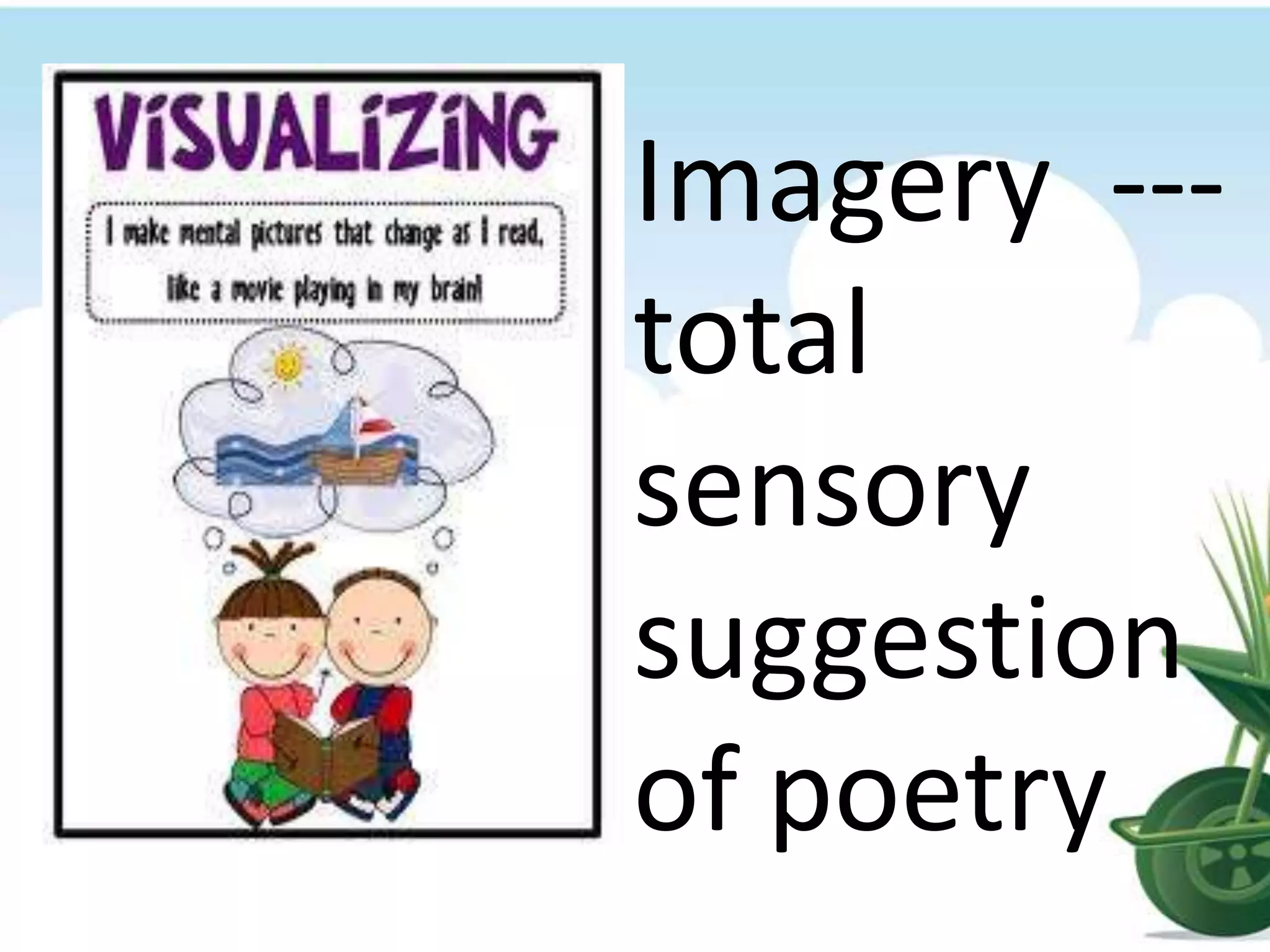 Imagery --- total sensory suggestion of poetry