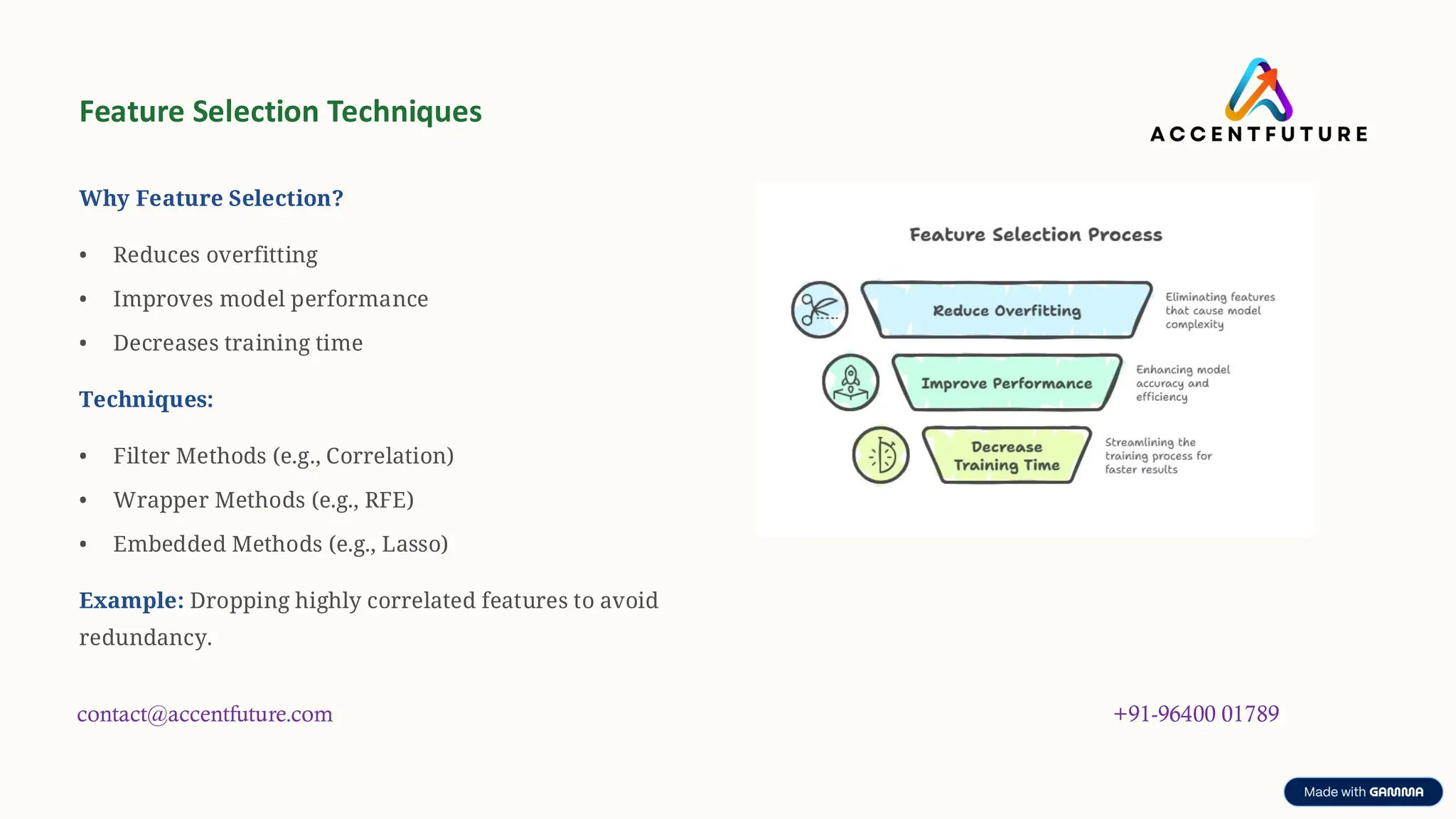 preencoded.png
Feature Selection Techniques
Why Feature Selection?
• Reduces overfitting
• Improves model performance
• Decreases training time
Techniques:
• Filter Methods (e.g., Correlation)
• Wrapper Methods (e.g., RFE)
• Embedded Methods (e.g., Lasso)
Example: Dropping highly correlated features to avoid
redundancy.
contact@accentfuture.com +91-96400 01789
 
