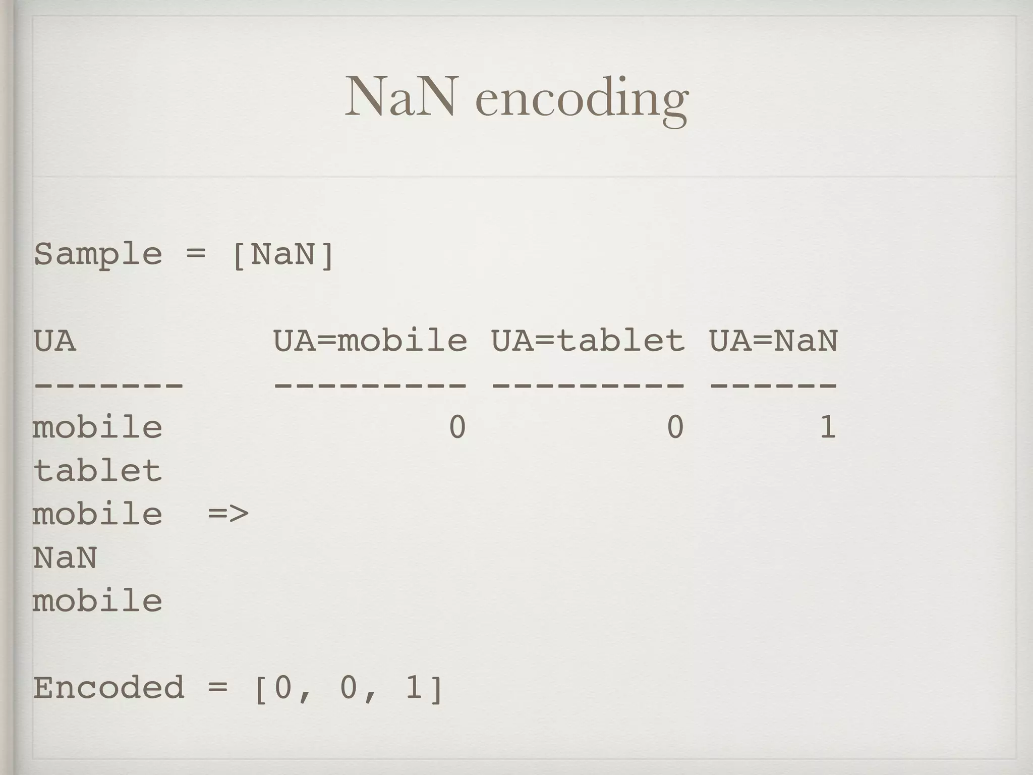 NaN encoding
Sample = [NaN]
UA UA=mobile UA=tablet UA=NaN
------- --------- --------- ------
mobile 0 0 1
tablet
mobile =>
NaN
mobile
Encoded = [0, 0, 1]
 