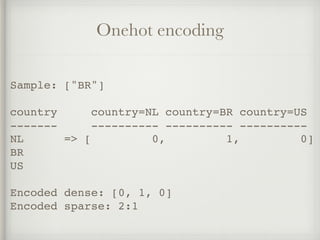 Onehot encoding
Sample: ["BR"]
country country=NL country=BR country=US
------- ---------- ---------- ----------
NL => [ 0, 1, 0]
BR
US
Encoded dense: [0, 1, 0]
Encoded sparse: 2:1
 