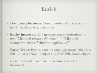 Enrich
• Document features: Count number of spaces, tabs,
newlines, characters, tokens, etc.
• Entity insertion: Add more general speciﬁcations to
text “Microsoft releases Windows” -> “Microsoft
(company) releases Windows (application)”
• Parse Trees: Parse a sentence into logic form: “Alice hits
Bill” -> Alice/Noun_subject hits/Verb Bill/Noun_object.
• Reading level: Compute the reading level of a
document.
 