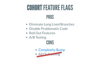 COHORT FEATURE FLAGS
PROS
Eliminate Long Lived Branches
Disable Problematic Code
Roll Out Features
A/B Testing
CONS
Complexity Bump
All Or Nothing
 