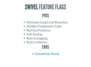 SWIVEL FEATURE FLAGS
PROS
Eliminate Long Lived Branches
Disable Problematic Code
Roll Out Features
A/B Testing
Built In Logging
Built In Metrics
CONS
Complexity Bump
 