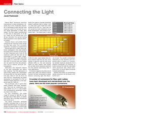 FEATURE                 Fiber Optics




Connecting the Light
Jacek Pawlowski


   Optical fibers introduced enormous                    made from gallium arsenide phosphide                       Band              Wavelength Range
improvement in data transmission. An-                    (GaAsP) generate light at about 1300                       O band            1260 to 1360 nm
ybody who is even moderately interest-                   nm while older types made from GaAs                        E band            1360 to 1460 nm
ed in technology knows that the most                     worked at 810-870 nm. That’s why we                        S band            1460 to 1530 nm
important reason for that was the very                   still sometimes meet installations using                   C band            1530 to 1565 nm
low signal attenuation of fiber optic                    these wavelengths. LEDs produce inco-                      L band            1565 to 1625 nm
cables. The first cables manufactured                    herent light – the signal peak is about                    U band            1625 to 1675 nm
in 1970 had an attenuation of 20 dB/                                                                              ■ Table 1.
km. Today, we can achieve even 0.16
dB per kilometer. It is almost nothing
when compared to the classical electri-
cal cables.
   However, there is yet another factor
influencing the maximum useful length
of a fiber optic cable. This is chromatic
dispersion. To explain it in simple terms
– various light rays in a fiber have a dif-
ferent propagation time what distorts
the shape of the impulses carrying digi-
tal data. Dispersion puts a limit on the
maximum useful bit rate that can be
transmitted in a given cable. Disper-
sion is less painful in single mode fiber                30-60 nm wide. Laser diodes that pro-                    cal current. It is usually a photodiode.
optic cable (i.e. those with a diameter                  duce coherent light are not only much                    Depending on the elements and com-
less than 12 µm) but even such cables                    sharper in spectral view but also more                   pounds used to create a p-n junction,
are not quite free from this phenom-                     efficient (50% vs. 1%) and ensuring                      we achieve maximum sensitivity for a
enon due to material structure non-                      higher bit rates. Modern laser diodes                    different wavelength. For example, to
homogeneity.                                             are not that much expensive anymore                      build a receiver for 1300 nm, one needs
   Attenuation and dispersion depend                     and they started superseding LEDs in                     either germanium (Ge), indium phos-
on the light wavelength and optical                      many applications.                                       phide (InP), or indium gallium arsenide
fiber material. The first generation of                    To receive a signal at the other end of                (InGaAs) photodiode.
optical fiber worked with wavelengths                    a fiber optic cable, one needs an optical                  Detailed information on standardized
of around 850 nm, the second genera-                     receiver. Its main component is a photo                  optical connectors can be found in IEC
tion with 1300 nm and the third one                      detector converting light into electri-                  61754 norm.
with 1550 nm. Theoretically, the lowest
attenuation is achievable for 1550 nm                       A number of connectors for fiber optic cables
while the lowest dispersion (= the high-
est bit rate) for 1300 nm.
                                                            have been developed and standardized over the
   The wavelength used in optical fiber                     years. Here are the most popular connectors:
based systems have been standard-
ized. There are six transmission win-                                                                                              FC Connector
dows named: O, E, S, C, L and U-band.
The corresponding wavelength ranges
are listed in the table 1.
   For your comparison, the visible
range for humans is: 380-780 nm. So,                           FC Connector
the light used in fiber optics, no matter                      The FC (Fixed Connector) is
what band, lies in the deep infrared and                    a screw on type connector. A
you cannot see it.                                          threaded barrel is used to fix
   The optical transmitter generates                        the connection. This connec-
(usually) modulated light in one of the                     tor type is used with GlobalIn-
bands specified above. The transmitter                      vacom’s optical LNBs and dis-
designs are based either on LEDs (Light                     tribution products.
Emitting Diodes) or laser diodes. LEDs


152 TELE-satellite International — The World‘s Largest Digital TV Trade Magazine — 09-10/2012 — www.TELE-satellite.com
 