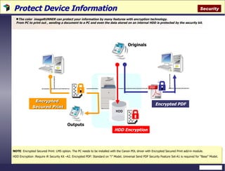 Protect Device Information  The color  imageRUNNER can protect your information by many features with encryption technology.  From PC to print out , sending a document to a PC and even the data stored on an internal HDD is protected by the security kit.  NOTE : Encrypted Secured Print: LMS option. The PC needs to be installed with the Canon PDL driver with Encrypted Secured Print add-in module.  HDD Encryption :Require iR Security Kit –A2. Encrypted PDF: Standard on “i” Model. Universal Send PDF Security Feature Set-A1 is required for “Base” Model. Security Encrypted PDF HDD Encryption Encrypted  Secured Print Originals Outputs 