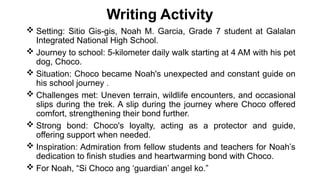 Writing Activity
 Setting: Sitio Gis-gis, Noah M. Garcia, Grade 7 student at Galalan
Integrated National High School.
 Journey to school: 5-kilometer daily walk starting at 4 AM with his pet
dog, Choco.
 Situation: Choco became Noah's unexpected and constant guide on
his school journey .
 Challenges met: Uneven terrain, wildlife encounters, and occasional
slips during the trek. A slip during the journey where Choco offered
comfort, strengthening their bond further.
 Strong bond: Choco's loyalty, acting as a protector and guide,
offering support when needed.
 Inspiration: Admiration from fellow students and teachers for Noah’s
dedication to finish studies and heartwarming bond with Choco.
 For Noah, “Si Choco ang ‘guardian’ angel ko.”
 