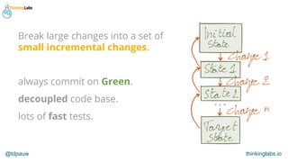 @tdpauw thinkinglabs.io
always commit on Green.
decoupled code base.
lots of fast tests.
Break large changes into a set of...