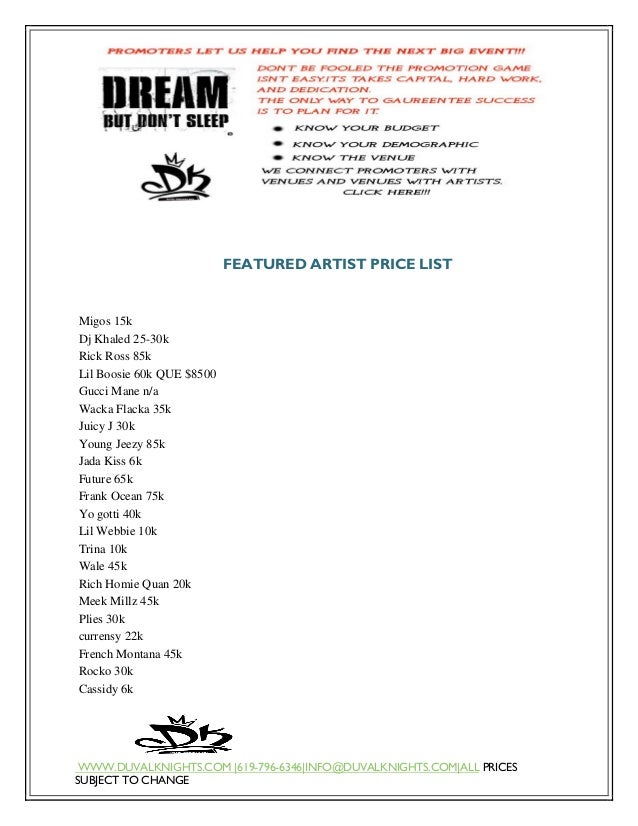 Featured artist price list