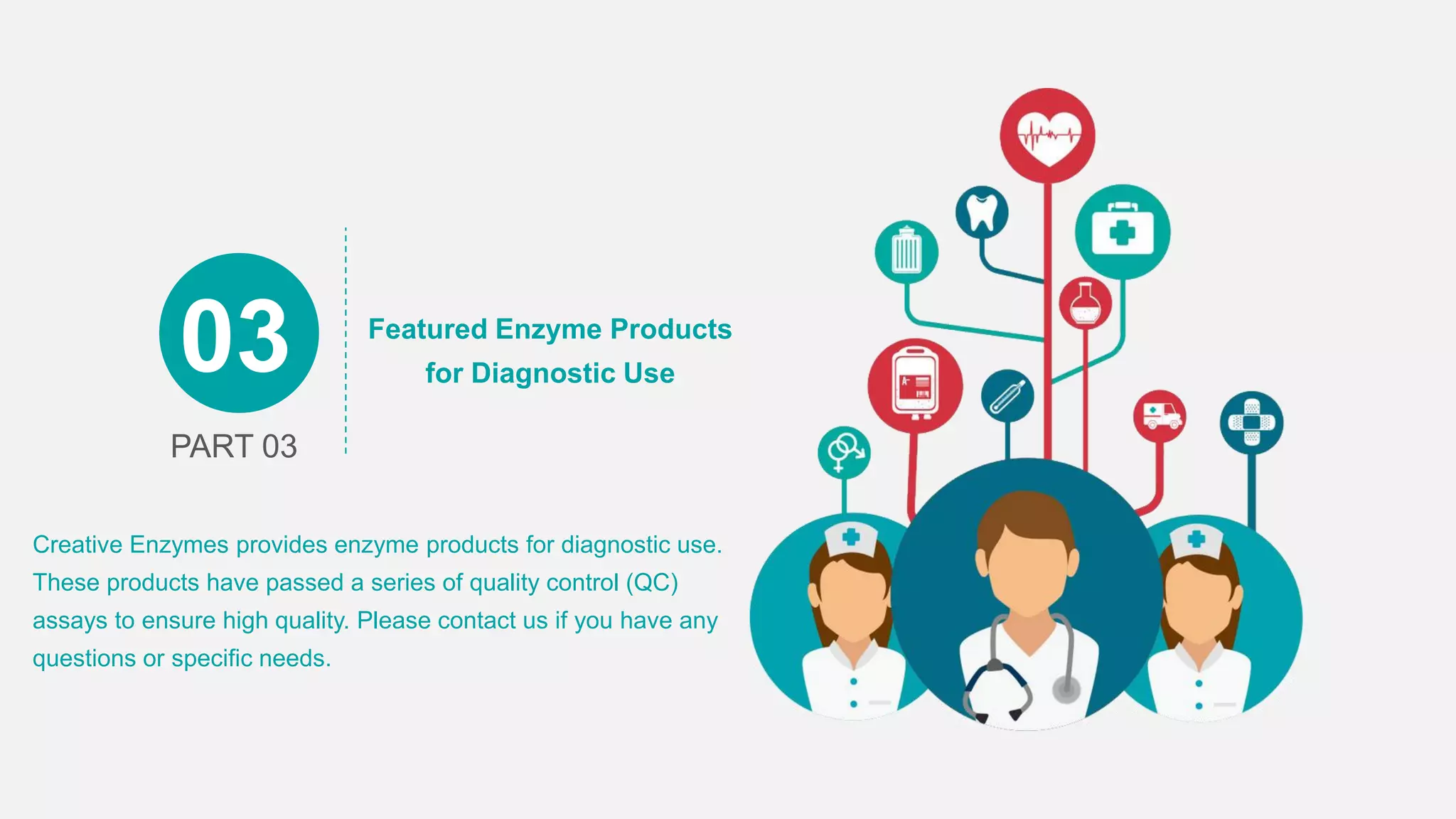 Featured Enzyme Products
for Diagnostic Use
PART 03
03
Creative Enzymes provides enzyme products for diagnostic use.
These products have passed a series of quality control (QC)
assays to ensure high quality. Please contact us if you have any
questions or specific needs.
 