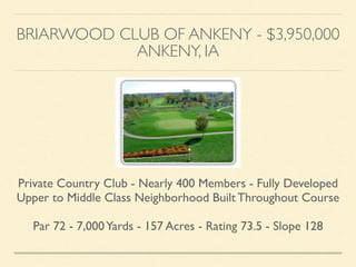 BRIARWOOD CLUB OF ANKENY - $3,950,000	

ANKENY, IA
Private Country Club - Nearly 400 Members - Fully Developed
Upper to Middle Class Neighborhood Built Throughout Course	

!
Par 72 - 7,000Yards - 157 Acres - Rating 73.5 - Slope 128
 