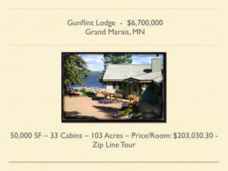 50,000 SF – 33 Cabins – 103 Acres – Price/Room: $203,030.30 -
Zip Line Tour
Gunﬂint Lodge - $6,700,000	

Grand Marais, MN
 