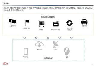 Intro
2018년 테크 업계에서 일어난 주요 이벤트들을 기술과 서비스 부문으로 나누어 살펴보고, 2019년의 Watching
Points를 정리하였습니다.
2
칩셋
클라우드 통신
디바이스
Technology
Service Category
소셜미디어
디지털 광고
리테일
섭스크립션
이코노미
모빌리티
비디오 스트리밍
 