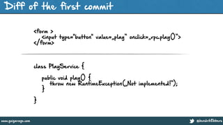 @hendrikEbberswww.guigarage.com
Diff of the first commit
<form >
<input type="button" value=„play“ onclick=„rpc.play()“>
</form>
class PlayService {
!
public void play() {
throw new RuntimeException(„Not implemented!“);
}
!
}
 
