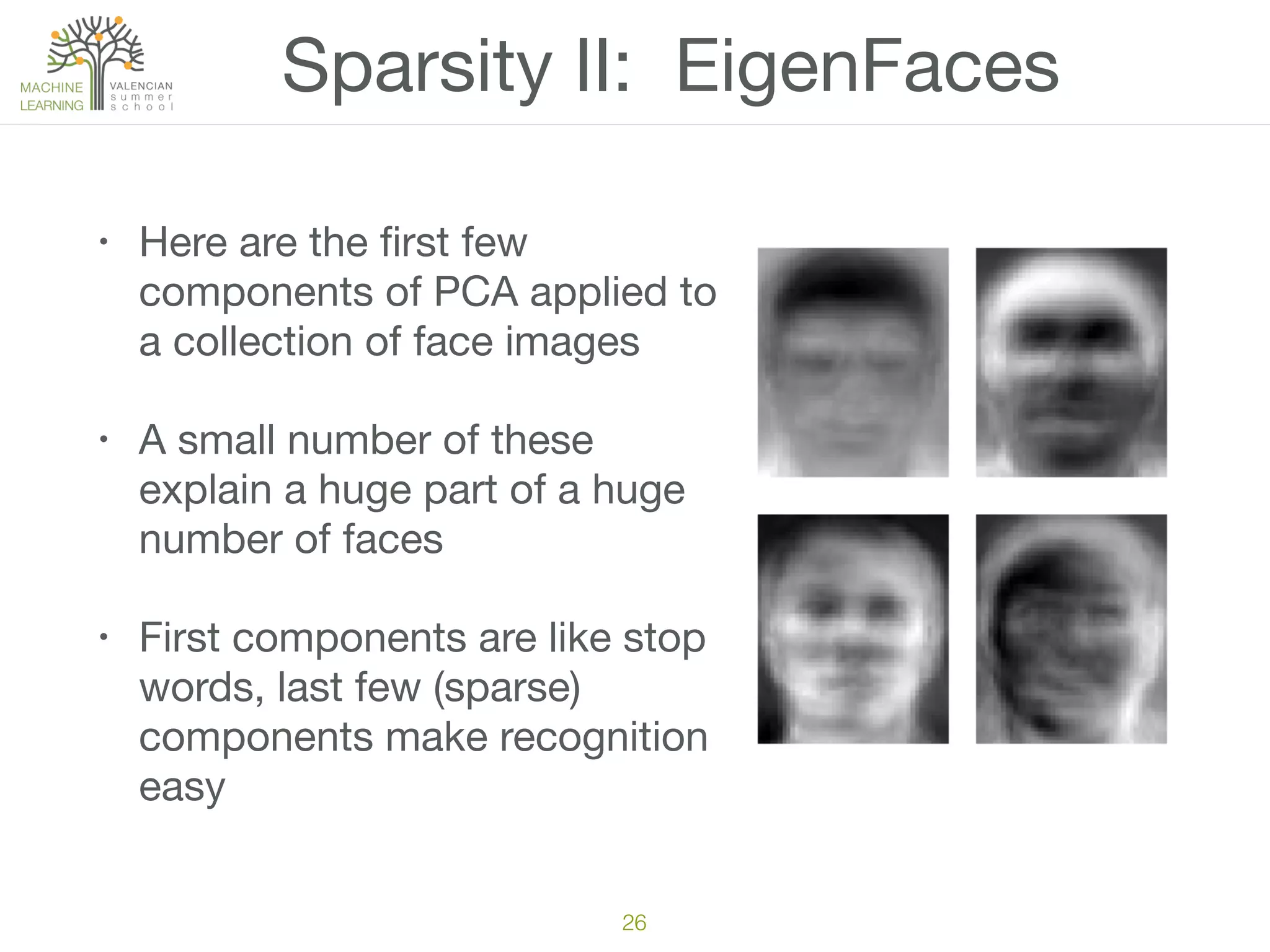 Sparsity II: EigenFaces
• Here are the ﬁrst few
components of PCA applied to
a collection of face images

• A small number of these
explain a huge part of a huge
number of faces

• First components are like stop
words, last few (sparse)
components make recognition
easy
26
 